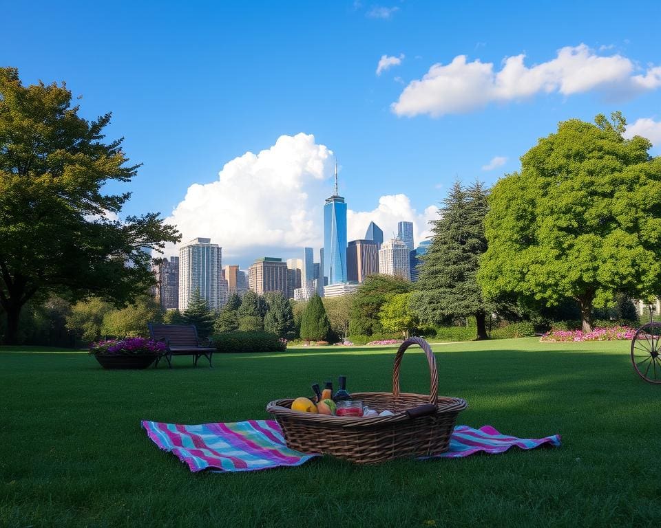 Parkuitje met picknick en uitzicht op de skyline