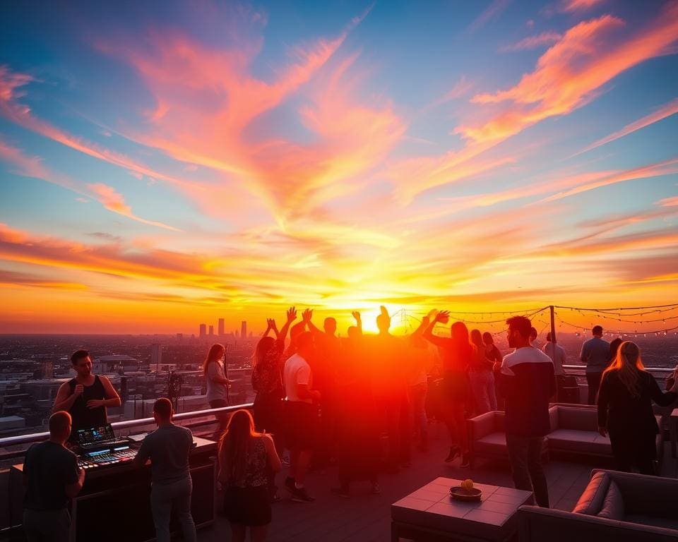 discotheekuitje naar een rooftop met DJ's en zonsondergang