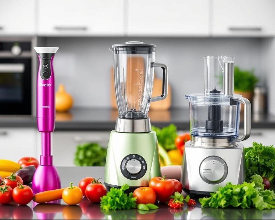 vergelijking van keukenapparatuur zoals staafmixers, blenders en foodprocessors