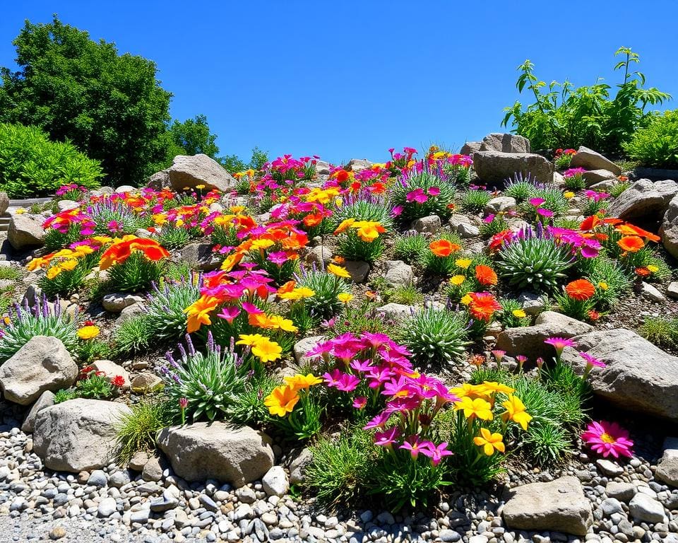 Welke bloemen gedijen goed in een rotstuin?