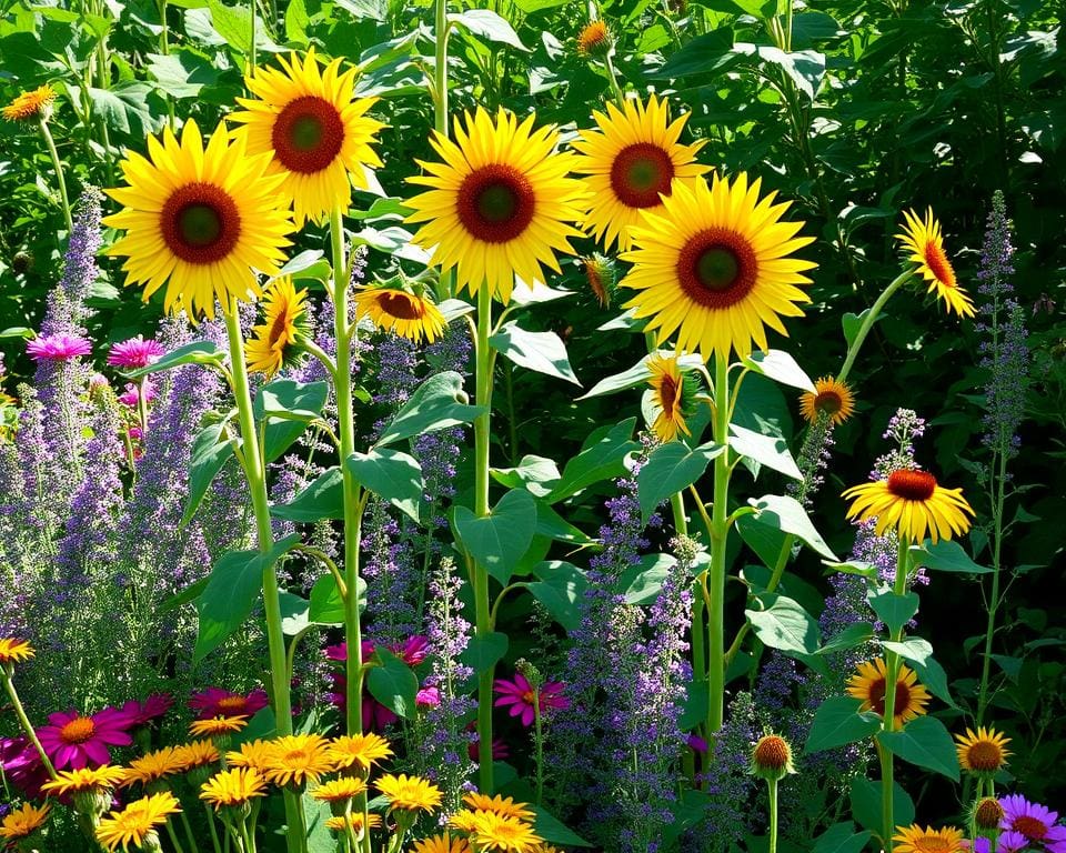 zonnebloemen en vaste planten combineren