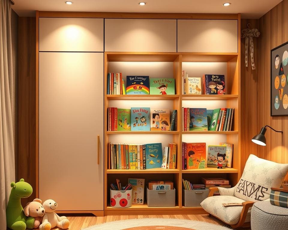 Kinderboekenrekken met een ingebouwde opbergkast