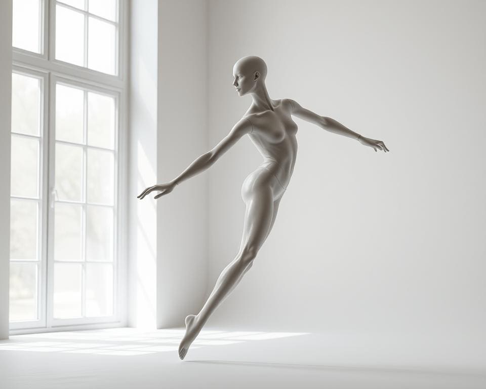 Hoe toont een mannequin de kracht van beweging?