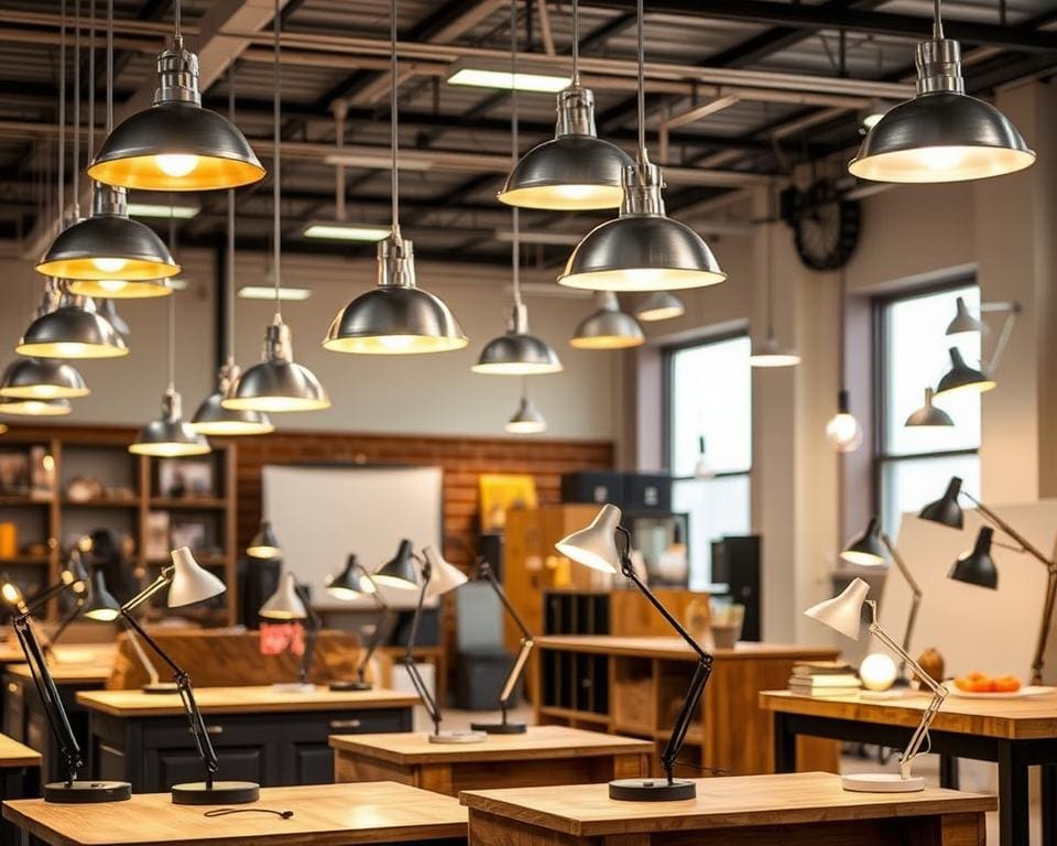 Pendellampen, bureau lampen en tafellampen in een industriële setting